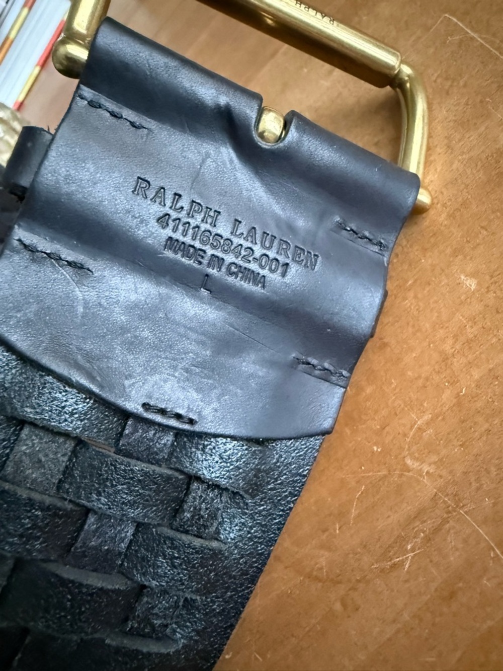 Ralph Lauren Black Woven Leather Belt with Brass-Tone Buckle